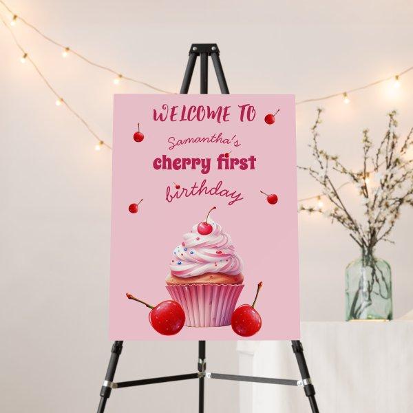 Pink First Cherry & Cupcake Birthday Party Foam Board