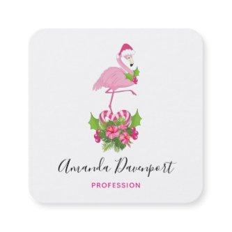 Pink Flamingo in Santa Hat Whimsical Christmas Square