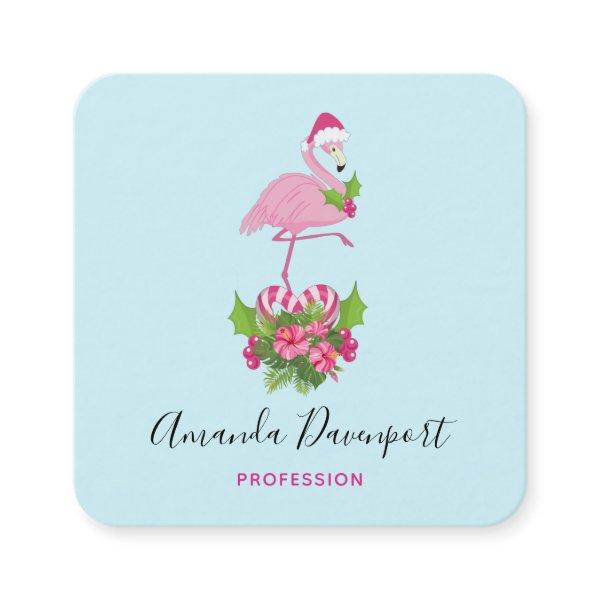 Pink Flamingo in Santa Hat Whimsical Christmas Square
