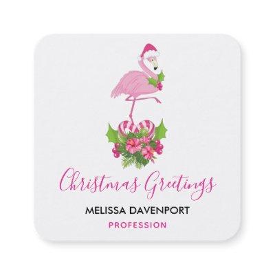 Pink Flamingo in Santa Hat Whimsical Christmas Square