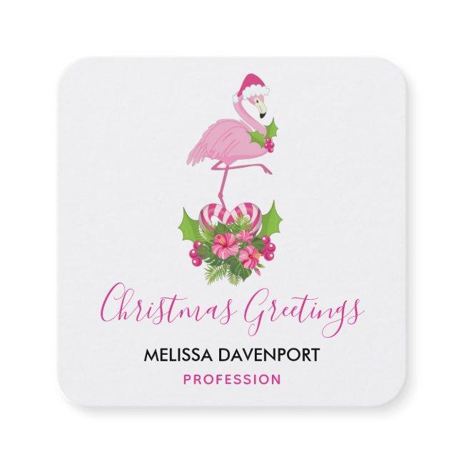 Pink Flamingo in Santa Hat Whimsical Christmas Square