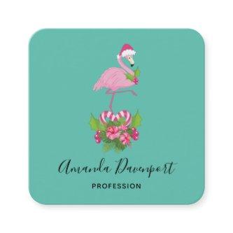 Pink Flamingo in Santa Hat Whimsical Christmas Square