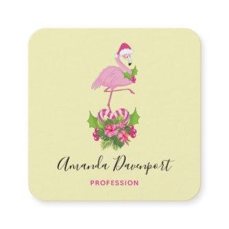 Pink Flamingo in Santa Hat Whimsical Christmas Square