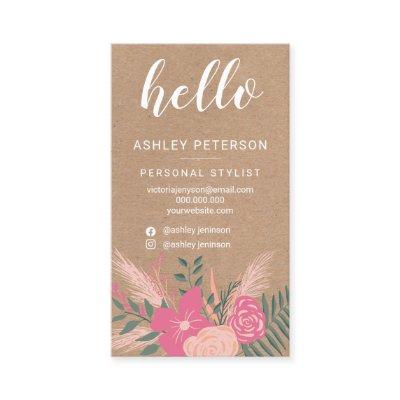 Pink floral bouquet brown kraft chic hello script