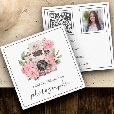 Pink Floral Camera Photo QR Code Photographer Square