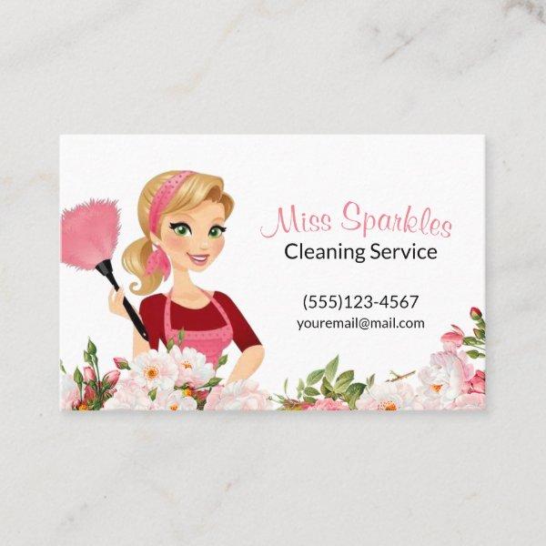 Pink Floral Cartoon Maid House Cleaning Services