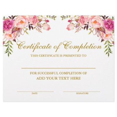 Pink Floral Certificate of Completion Gold