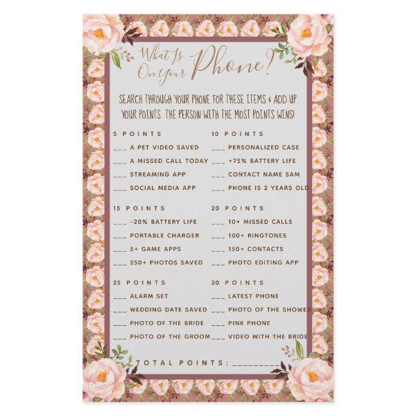 Pink Floral What is on your Phone Shower Game Card Flyer