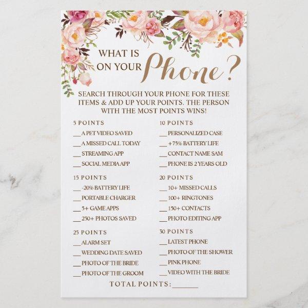 Pink Floral What is on your Phone Shower Game Card Flyer