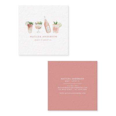 Pink girly modern drinks cocktail wine watercolor square