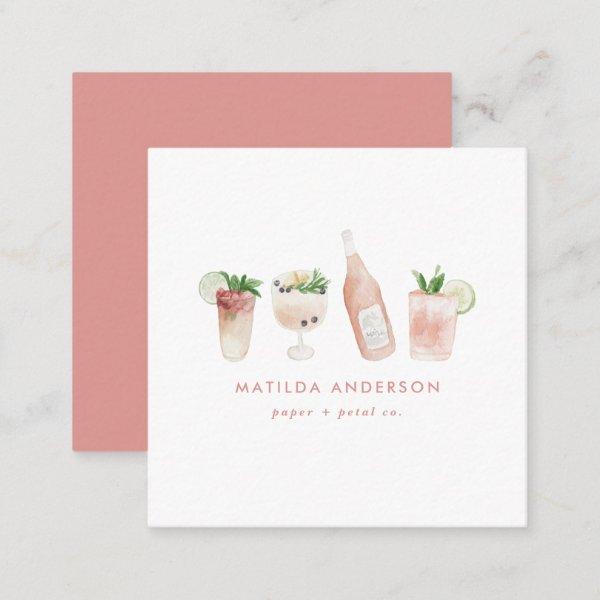Pink girly modern drinks cocktail wine watercolor square