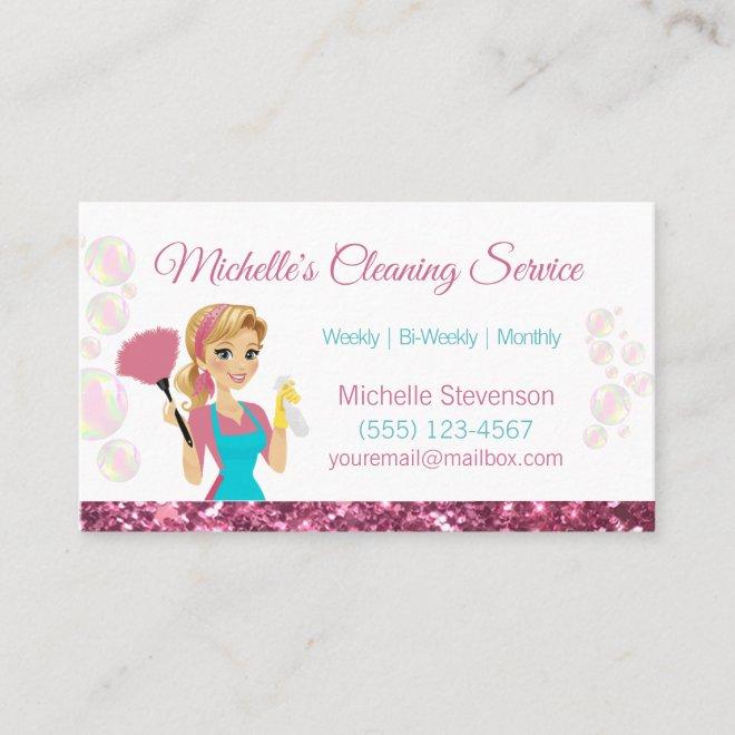Pink Glitter Cartoon Maid House Cleaning Service