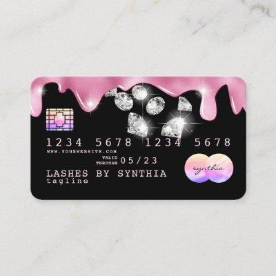 Pink glitter drips Credit Card hologram diamonds