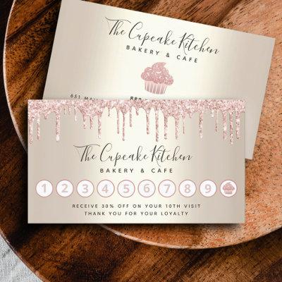 Pink Glitter Drips Cupcake Bakery Pastry Chef Gold Loyalty Card