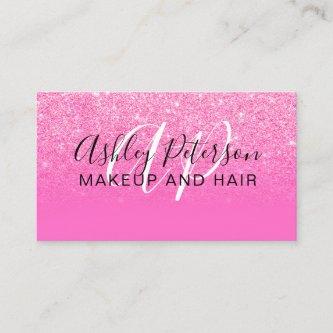 Pink glitter gradient neon monogram makeup hair