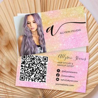 Pink glitter hair makeup photo initial qr code