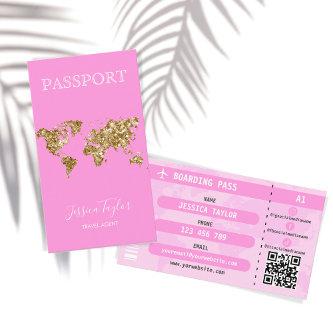 Pink Glitter Passport World Map Boarding Pass