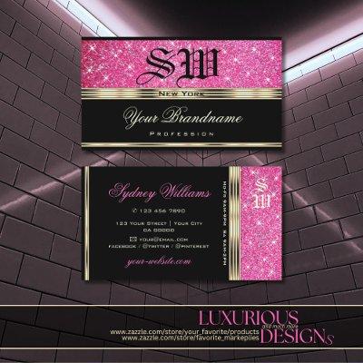 Pink Glitter Sparkle Stars Monogram Gold and Black