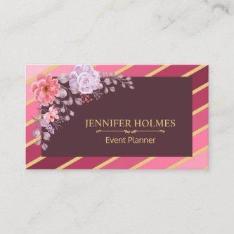 Pink Gold Diagonal Stripes Floral Event Planner