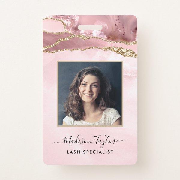 Pink Gold Glitter Marble Agate Salon Business ID Badge