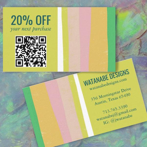 Pink Green Gold Minimalist Stripes Simple QR CODE  Discount Card