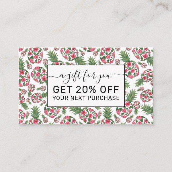 Pink Green Watercolor Floral Pineapples Pattern Discount Card