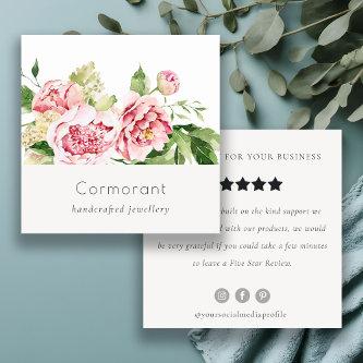 Pink Green Watercolor Peony Floral Review Request  Square