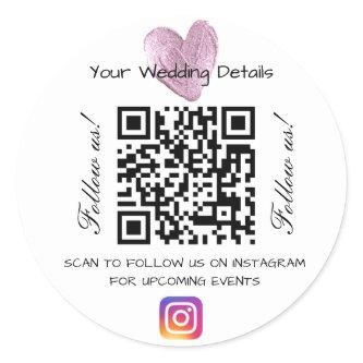 Pink heart glitter wedding qr code scan instagram  classic round sticker