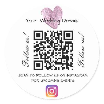 Pink heart glitter wedding qr code scan instagram  classic round sticker