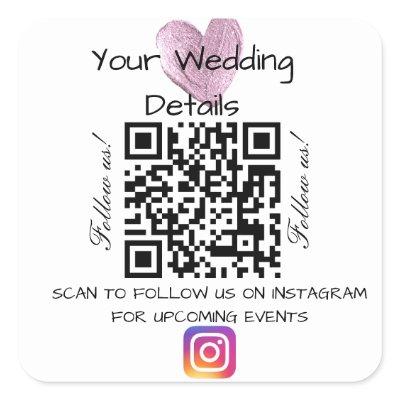 Pink heart glitter wedding qr code scan instagram  square sticker