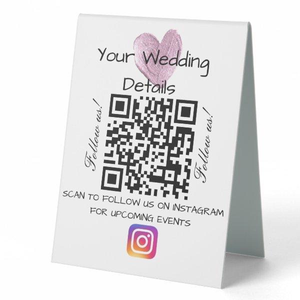 Pink heart glitter wedding qr code scan instagram  table tent sign