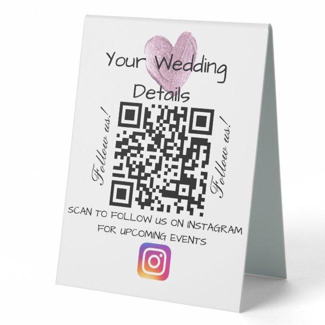 Pink heart glitter wedding qr code scan instagram table tent sign