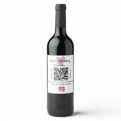 Pink heart glitter wedding qr code scan instagram  wine label