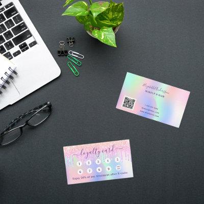 Pink holograpic purple drips qr code business loyalty card