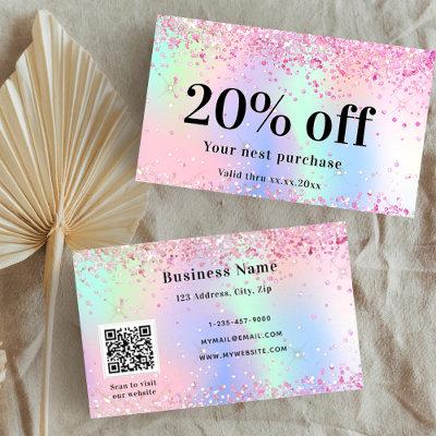 Pink holograpic purple sparkles qr code business discount card