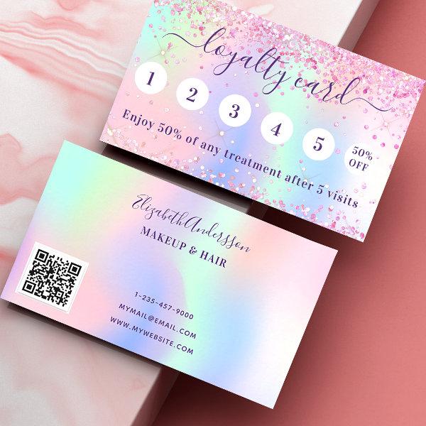 Pink holograpic purple sparkles qr code loyalty card