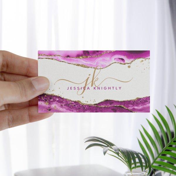 Pink Magenta Agate Gold Glitter Monogram Script