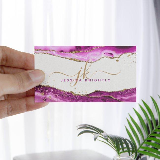 Pink Magenta Agate Gold Glitter Monogram Script