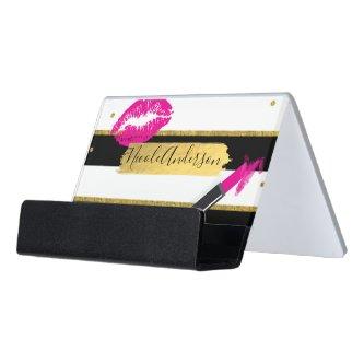 Pink Makeup Lipstick Lips Gold Foil Modern Desk  Holder