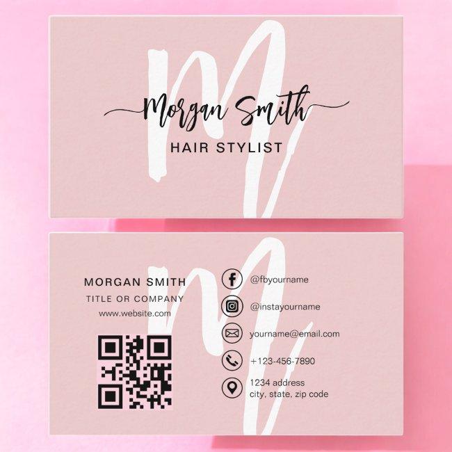 Pink Modern Script QR Code Monogram Name