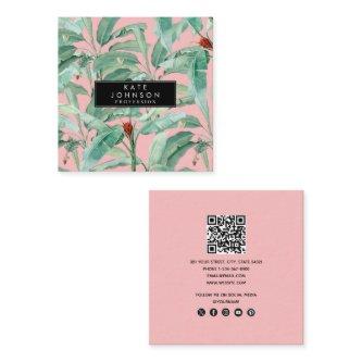 Pink Modern Watercolor Tropical Banana Palm Leaves Square