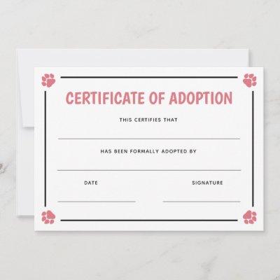 Pink Paw Print Frame Pet Certificate of Adoption