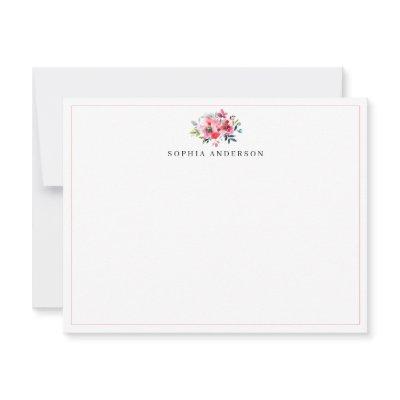 Pink Red Rose Peony Eucalyptus Floral Watercolor Note Card