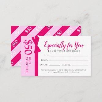 Pink ribbon bow business gift $50 gift voucher note card