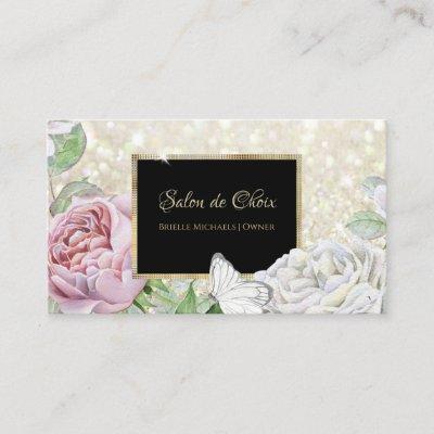 Pink Rose Butterfly Glitter Black and Gold Script