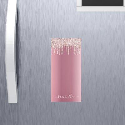 Pink rose gold glitter drips monogram glam magnetic notepad