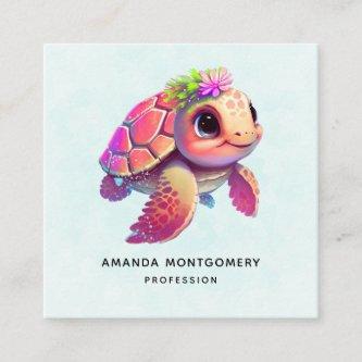 Pink Sea Turtle Whimsical & Cute Square