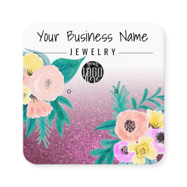 Pink Teal Floral Glitter Logo Earring Display Square