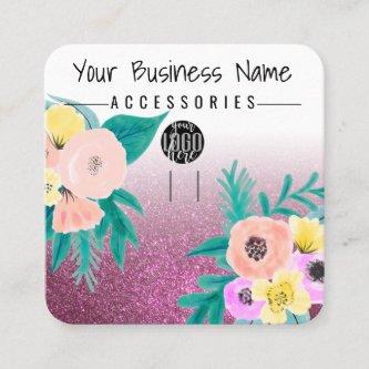 Pink Teal Floral Glitter Logo Keychain Display Square