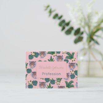 Pink Tropical Floral Foliage and Leopard Faces